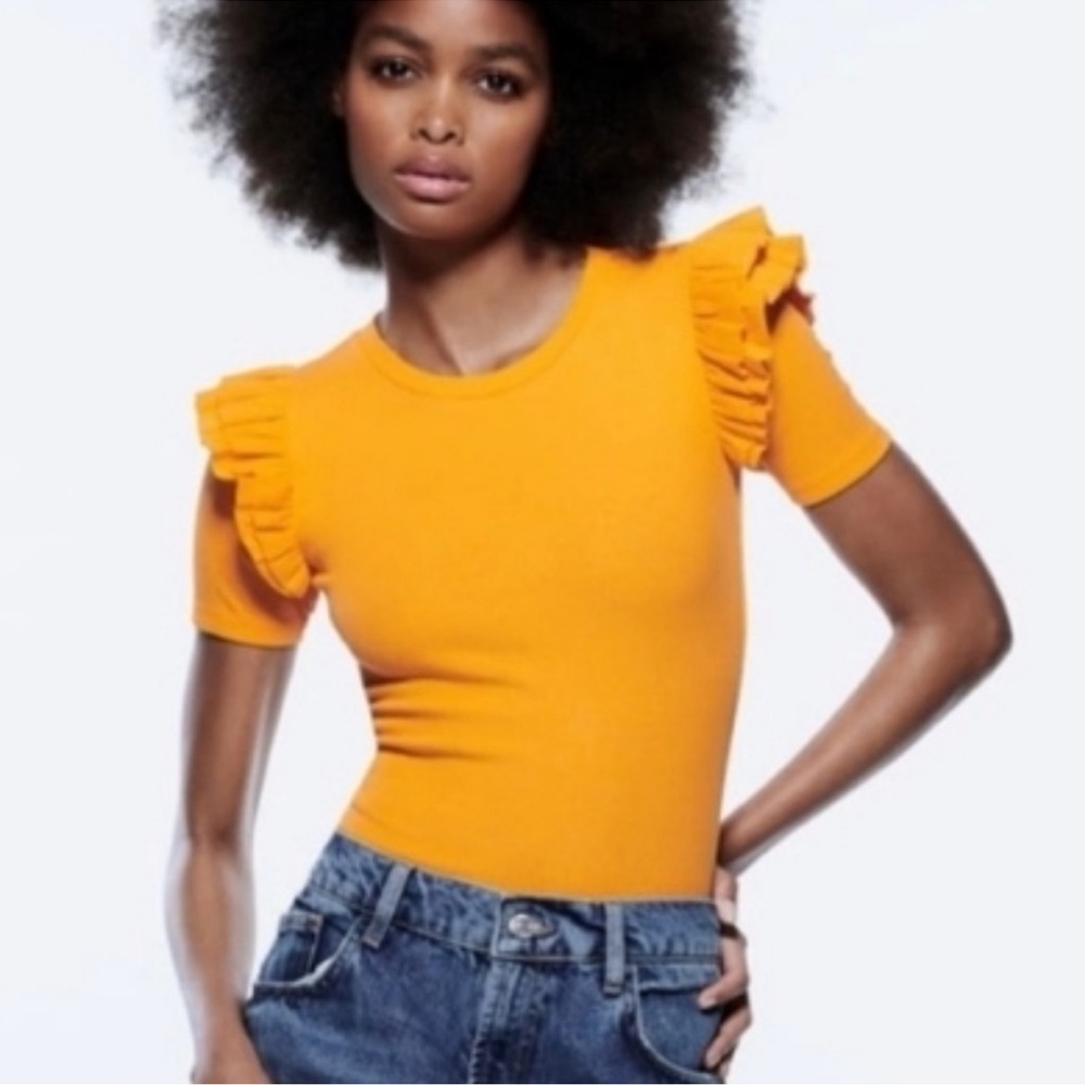 Zara Medium Ribbed Ruffle Shoulder Bodysuit Mustard Yellow Orange Retro - Picture 12 of 12